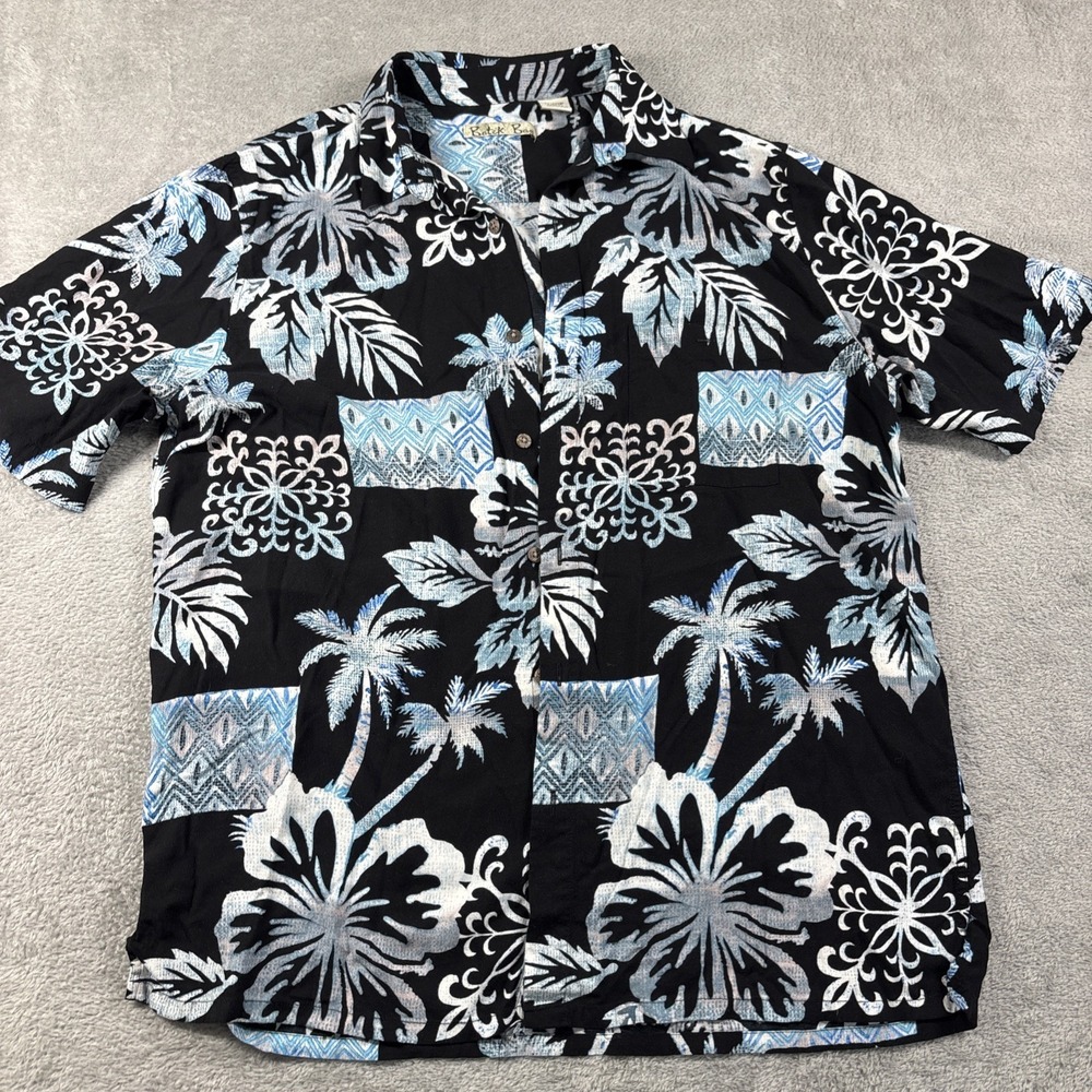 Batik Bay Men's Button Up Shirt Size L- Black Blue Floral Short Sleeve